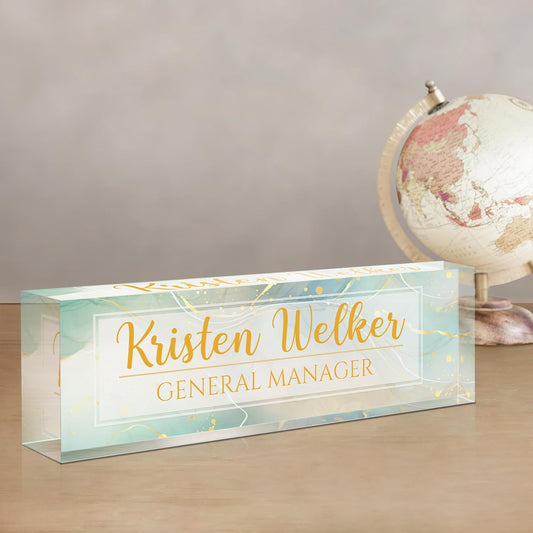 Gowellly Desk Name Plate Personalized - Custom Acrylic Name Plate for Desk - Enterprise Custom Logo/Text nameplates - Employee Appreciation Gifts (Light Green Marble)