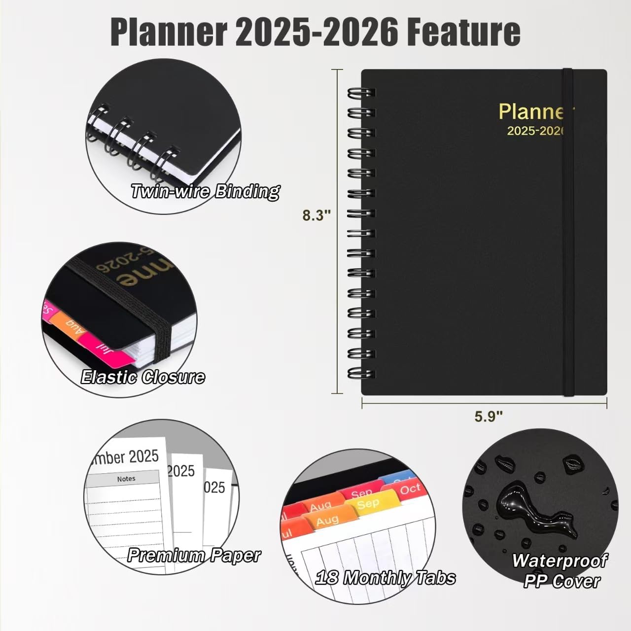 Daily Planner 2025-2026, 18 Month Planner with Tabs, July 2025 - December 2026 Weekly and Monthly Academic Year Calendar Spiral Time Management, 100GSM Thick Paper, Twin-Wire Binding, A5 Size, Black