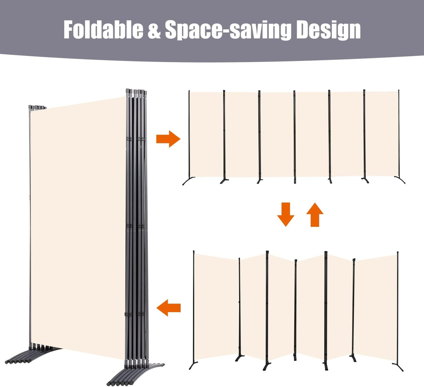 Room Divider 6FT Folding Privacy Screens, Partition Room Dividers w/Freestanding Design, Portable Wall Divider for Room Separtation, Fabric Screen Panel for Home Office Dorm (Beige, 6 Panel)