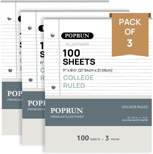 POPRUN Loose Leaf Paper, 8.5" x11" College Ruled, 100GSM / AA Grade Bulk Lined Filler Sheets, 3 Hole Punched for Binder Notebook, Office School Supplies, 3 Pack (300 Sheets)