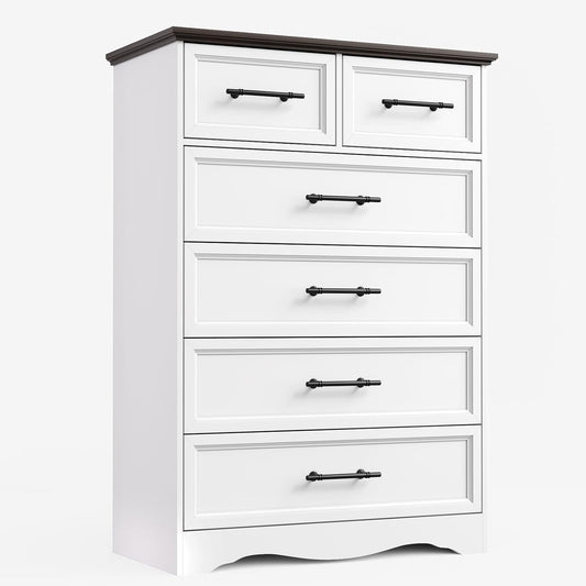 White Farmhouse Dresser for Bedroom, Modern 6 Chest of Drawers, 44" Tall Chest of Drawers w/Brushed Metal Handle, Wood Closet Organizers and Storage Cabinet for Bedroom, Living Room, Hallway