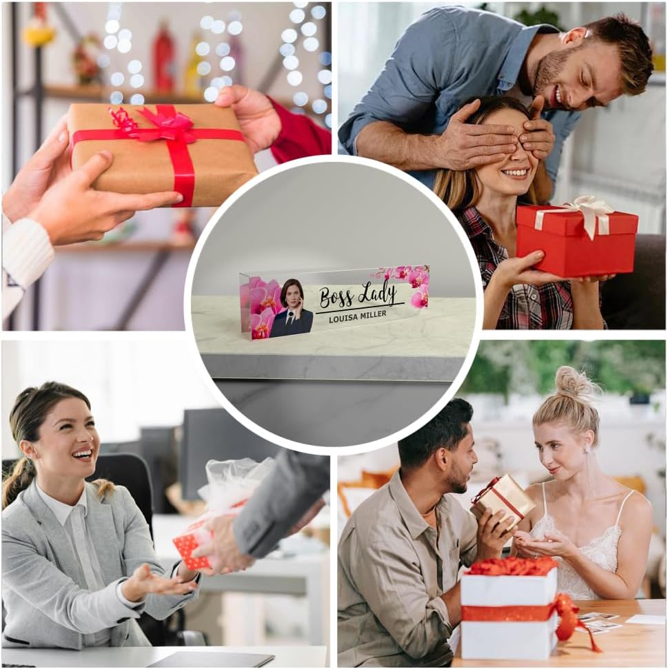 Personalized Photo Customizable Acrylic Desk Name Plate - Engraved Name & Title with Uploaded Image for Office, Lawyer Gifts, Teacher Decor