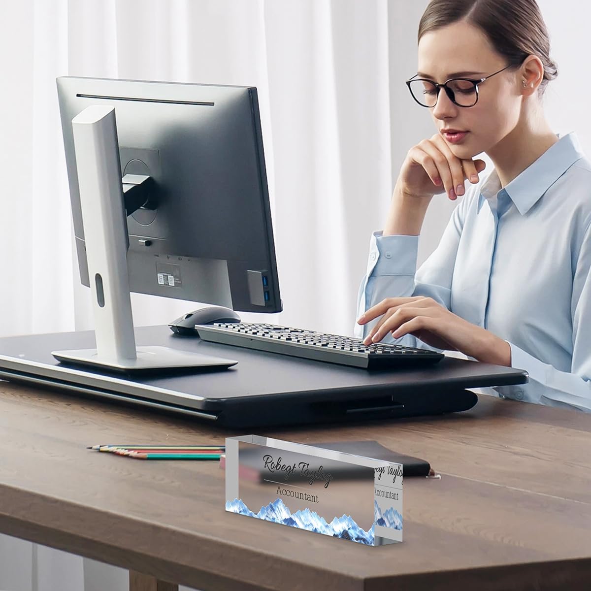 Personalized Office Desk Name Plate on Acrylic Glass - Custom Nameplate Decor, Accessories - Gift for Boss, Coworkers