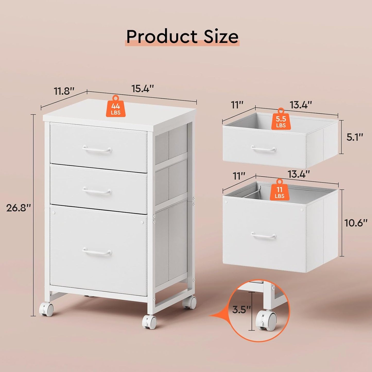 3 Drawer Mobile File Cabinet with Wheels Fabric Vertical Filing Cabinet fits A4 or Letter Size for Home Office,White