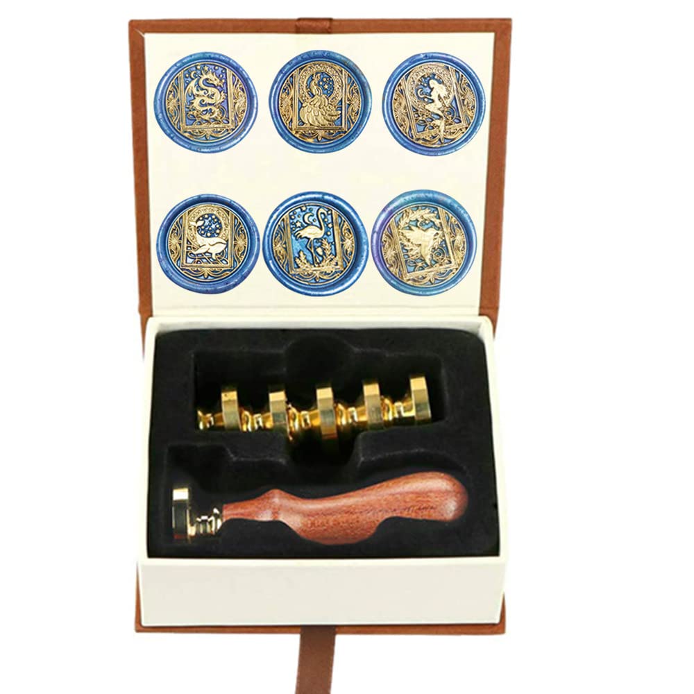 Wax Seal Stamp, 6pcs Brass Heads & Rosewood Handle, Starry Animal Kit for Invitations, Art, DIY Crafts
