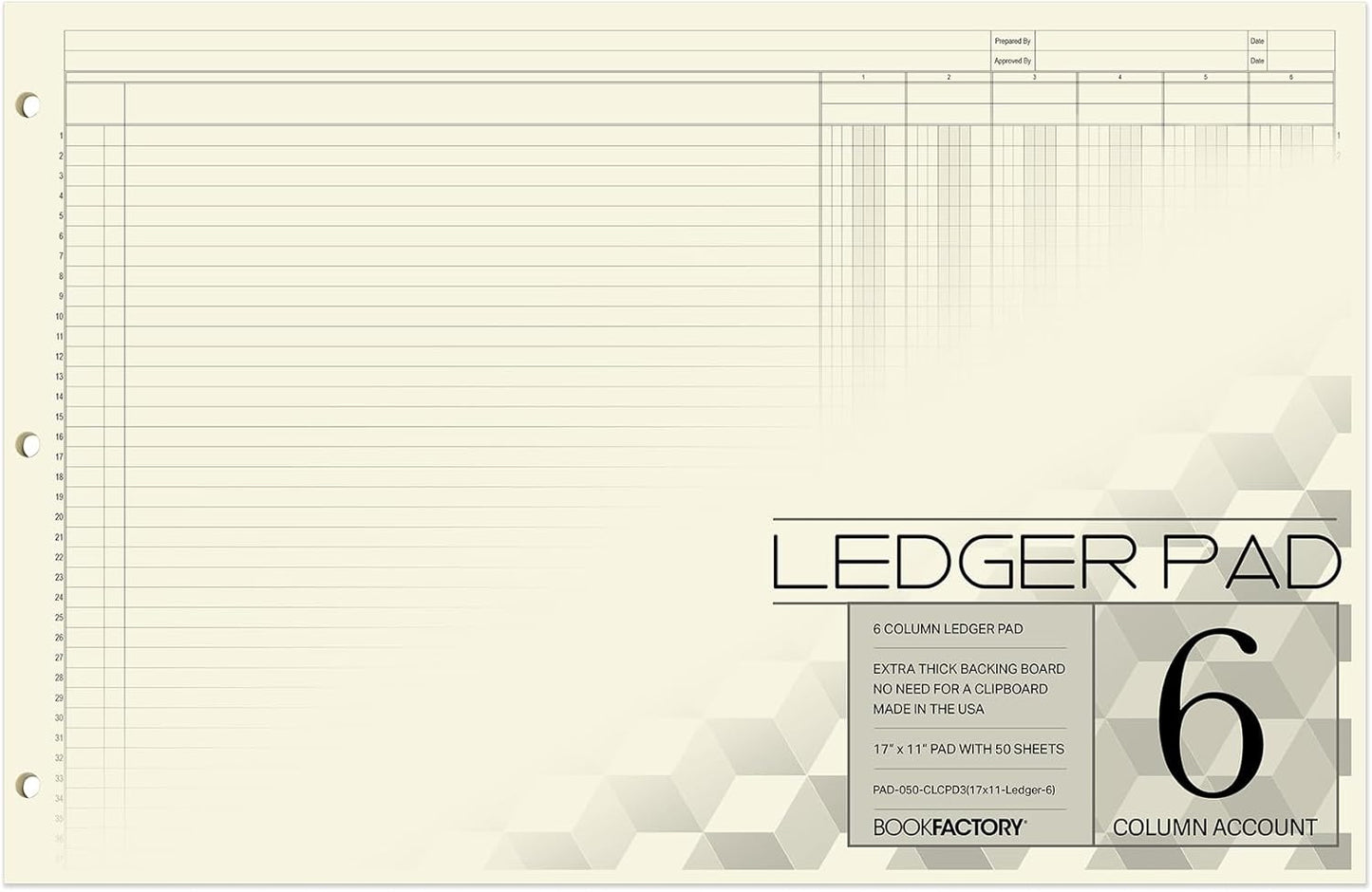 BookFactory Ledger Pad/Large 6 Column Accounting Ledger Columnar (Six Columns) Pads - 17'' x 11'', 50 Pages, Notepad Landscape Format (PAD-050-CLCPD3(17x11-Ledger-6)-AX)
