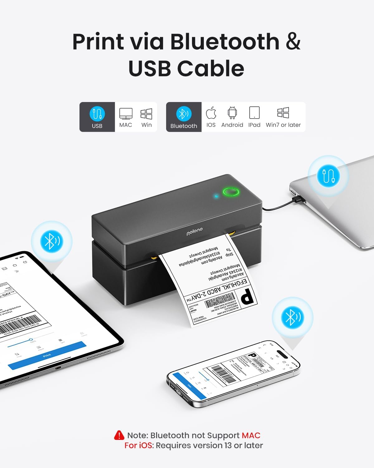 POLONO Bluetooth Thermal Shipping Label Printer, Wireless 4x6 Shipping Label Printer for Small Business, Support iOS, Android, Windows and Mac, Compatible with Amazon, Ebay, Shopify, Etsy, USPS(Black)