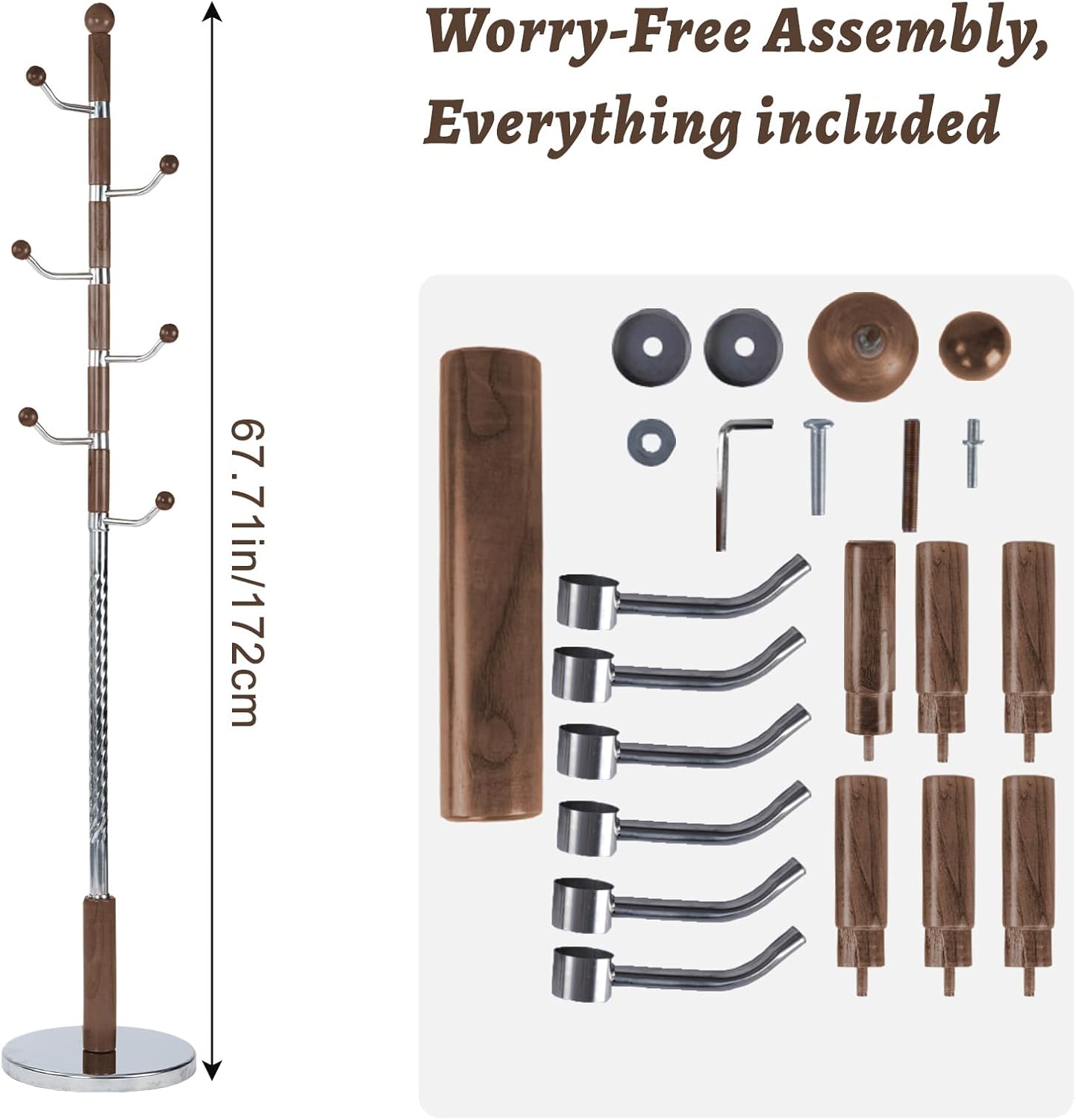 Wooden Coat Rack Freestanding with Resin Hooks, Adjustable Heavy Duty Stand for Hanging Coats, Bags, Hats, and Umbrellas in Living Room, Bedroom, Entryway (Cherry color-metal)