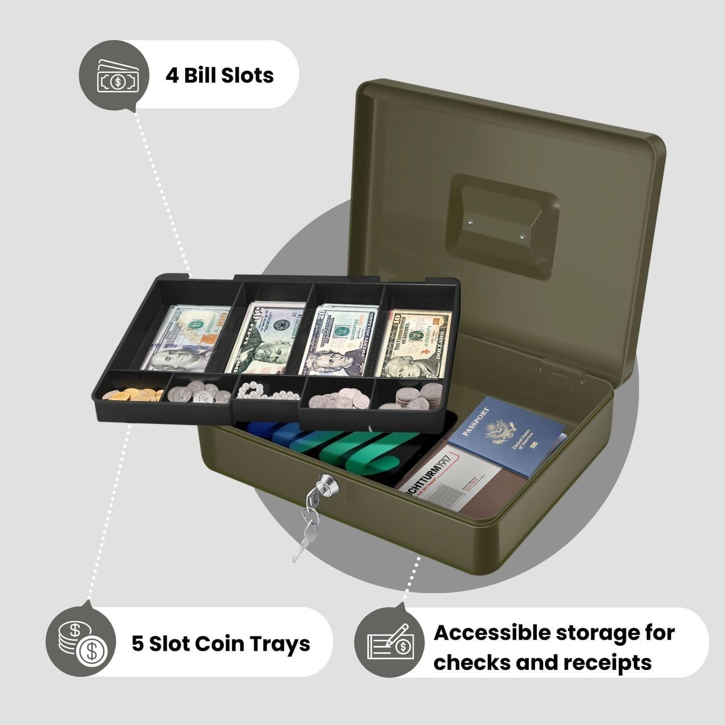 Flexzion Cash Box with Money Tray and Lock - Metal Cash Box for Small Businesses, 9-Compartment Green Money Box with Removable Tray and Key, Portable Storage for Checks and Coins