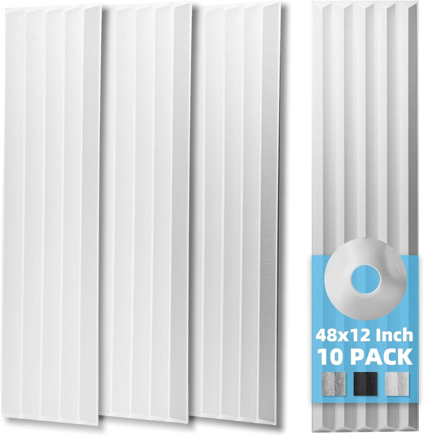 Art3d 10-Pack Peel and Stick Acoustic Panels with Acrylic Tape - 12 x 48 inches, Self Adhesive Sound Absorbing Polyester Wall Panels for Home Office Studio, White