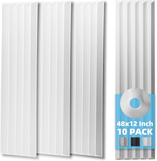 Art3d 10-Pack Peel and Stick Acoustic Panels with Acrylic Tape - 12 x 48 inches, Self Adhesive Sound Absorbing Polyester Wall Panels for Home Office Studio, White