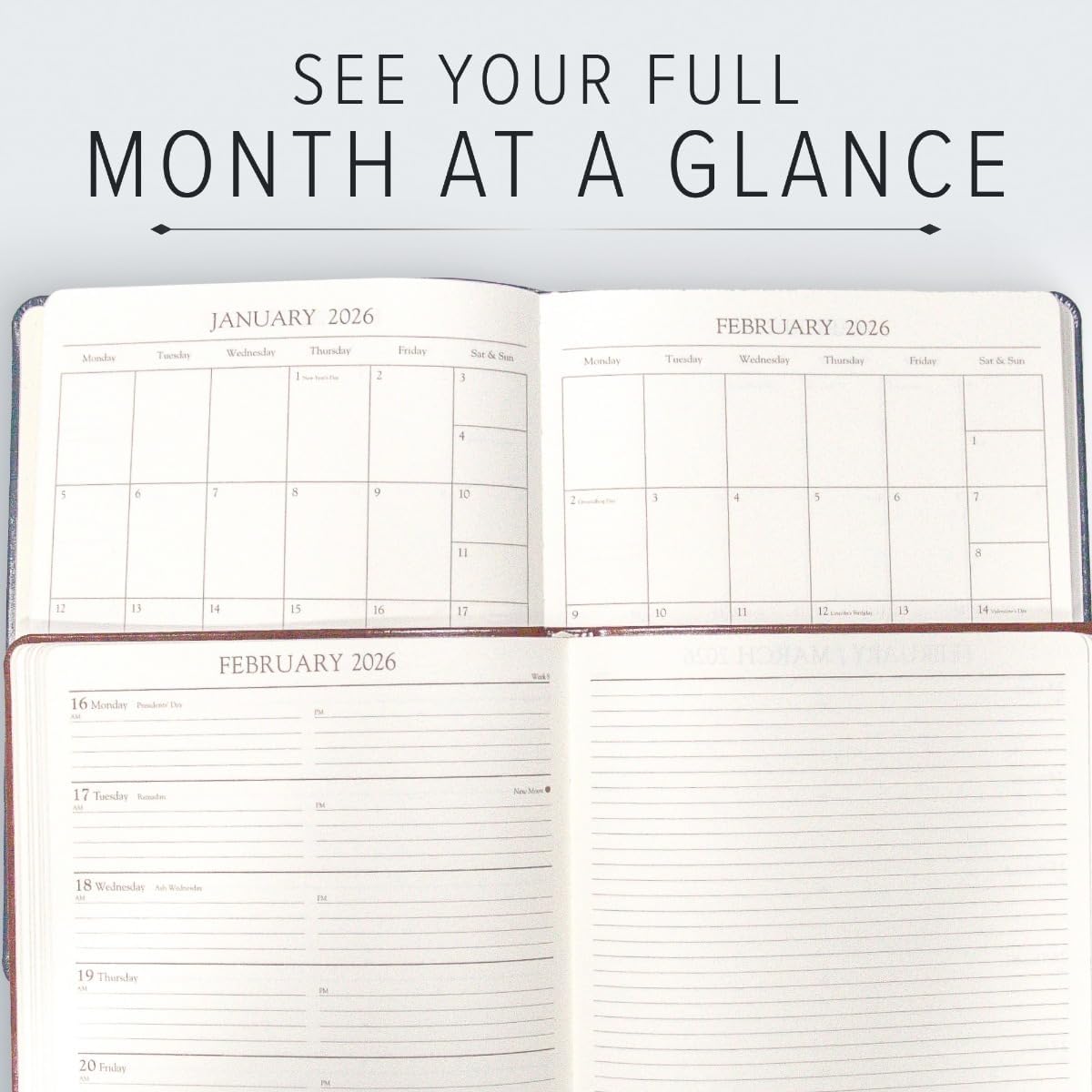 Gallery Leather Academic Planner 2025-2026, Teacher and Student Weekly Monthly Planner, Elegantly Bound Calendar with Gold-Gilded Page Edges, 18 Months - Acadia Wild Rose - 9x7"