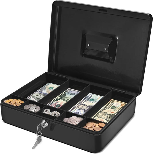 Flexzion Cash Box with Money Tray and Lock - Metal Cash Box for Small Businesses, 9-Compartment Black Money Box with Removable Tray and Key, Portable Storage for Checks and Coins