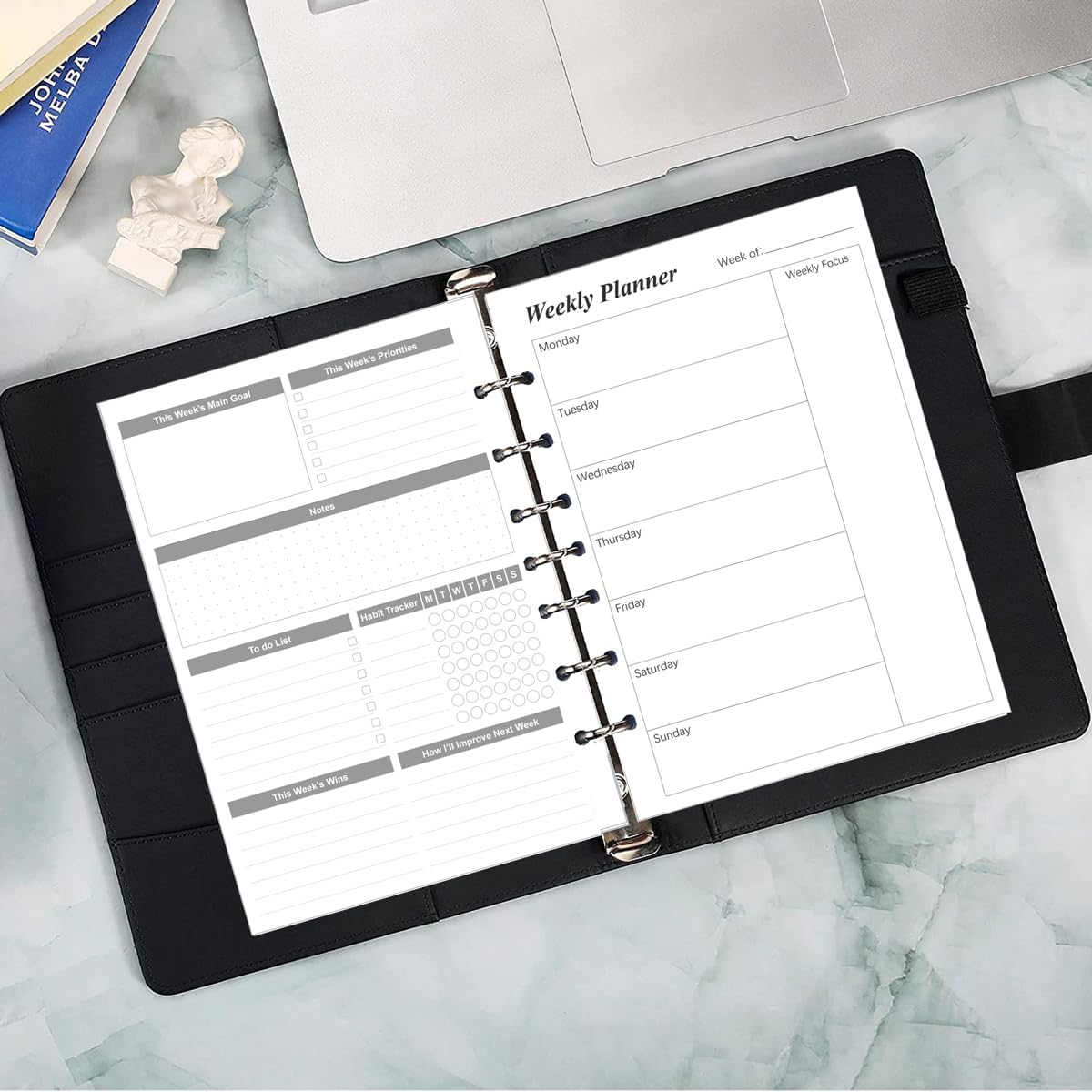 Weekly Planner Refills for 3 or 7 Ring Mini Binders - 53 Sheets/106 Pages Undated Weekly Planner, 100 gsm White Paper, Lasts 1 Year, Undated, 5.8" x 8.3", Black