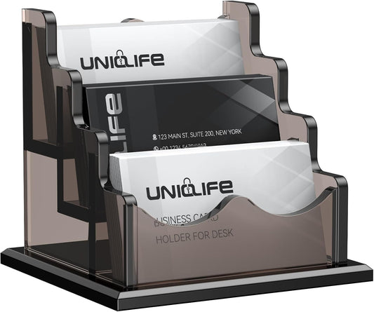 Uniclife Acrylic Business Card Holder for Desk 3 Slots Horizontal Business Card Display Stand for Men and Women Desktop Name Card Organizer Card Stand for Office Home, 180 Card Capacity, Black