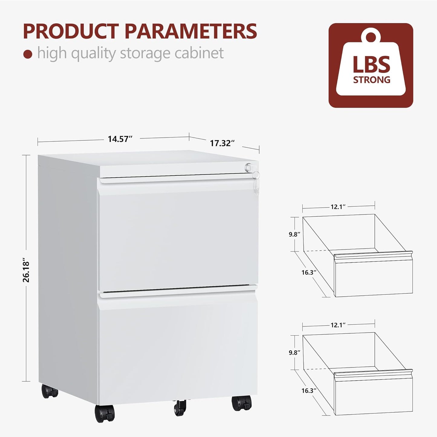 2 Drawer File Cabinet，Mobile Filing Cabinet with Lock and Wheels，Un-Assembled Metal Under Desk File Cabinets for A4/Letter/Legal Size（White