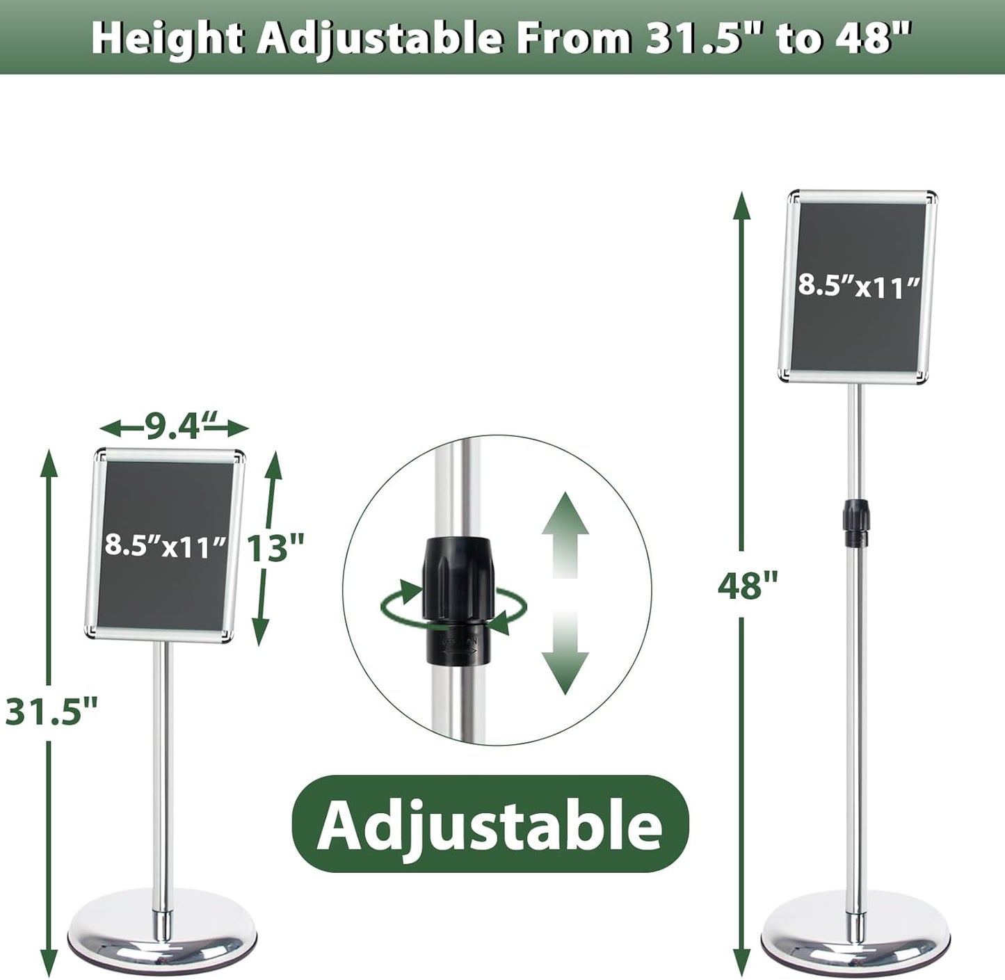 Poster Stand Holder Adjustable Pedestal Floor Standing Sign Holder Vertical and Horizontal View Sign Display, Aluminum Snap Open Frame with Safety Corner (Sliver-8.5x11)