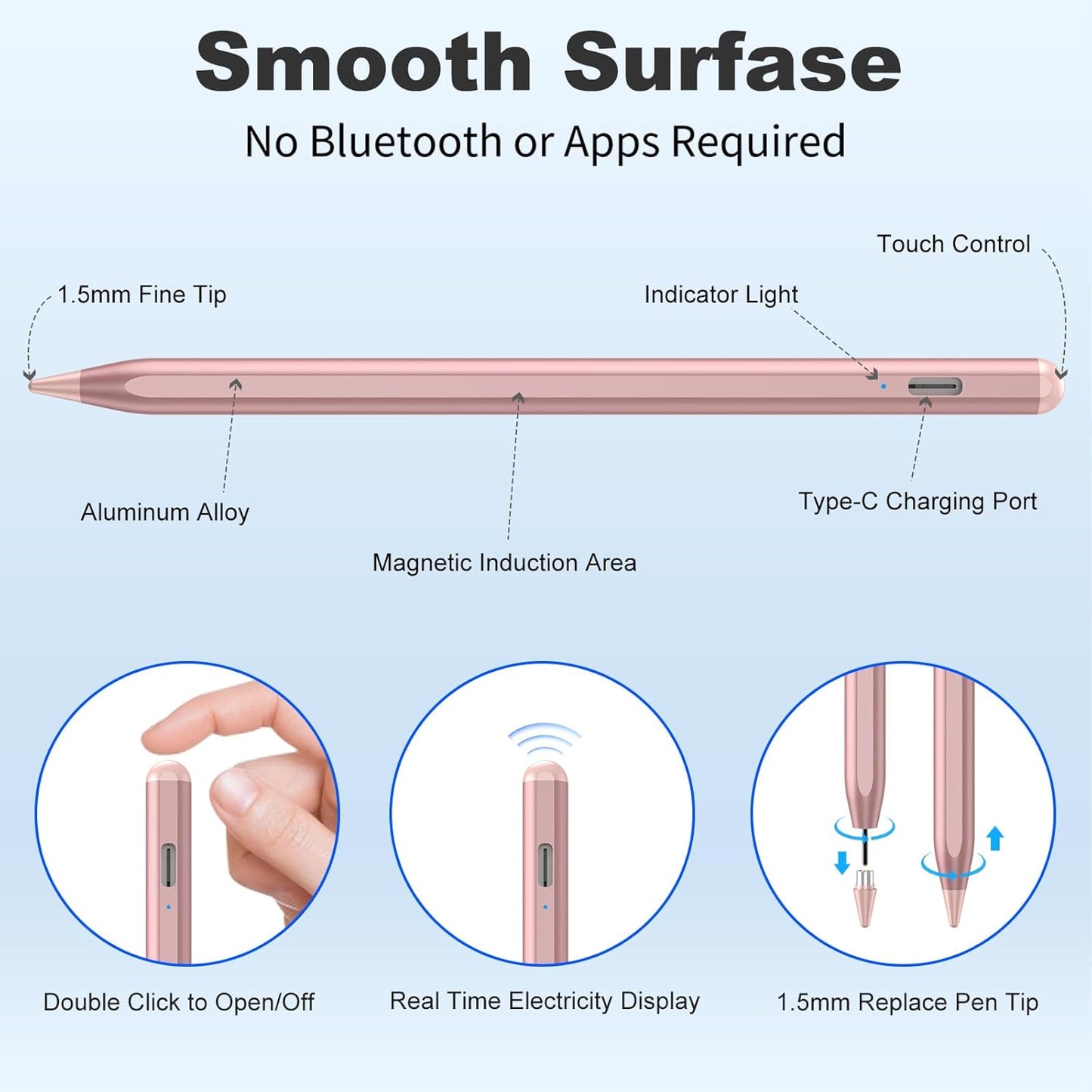 Stylus Pen for iOS&Android Touch Screens, Active Pencil for Samsung, Smart Digital Stylus Pens for Lenovo/Huawei/Vivo/Mi Tablets, iPhone/Google Pixel Smart Phones Drawing&Writing (Rose Gold)