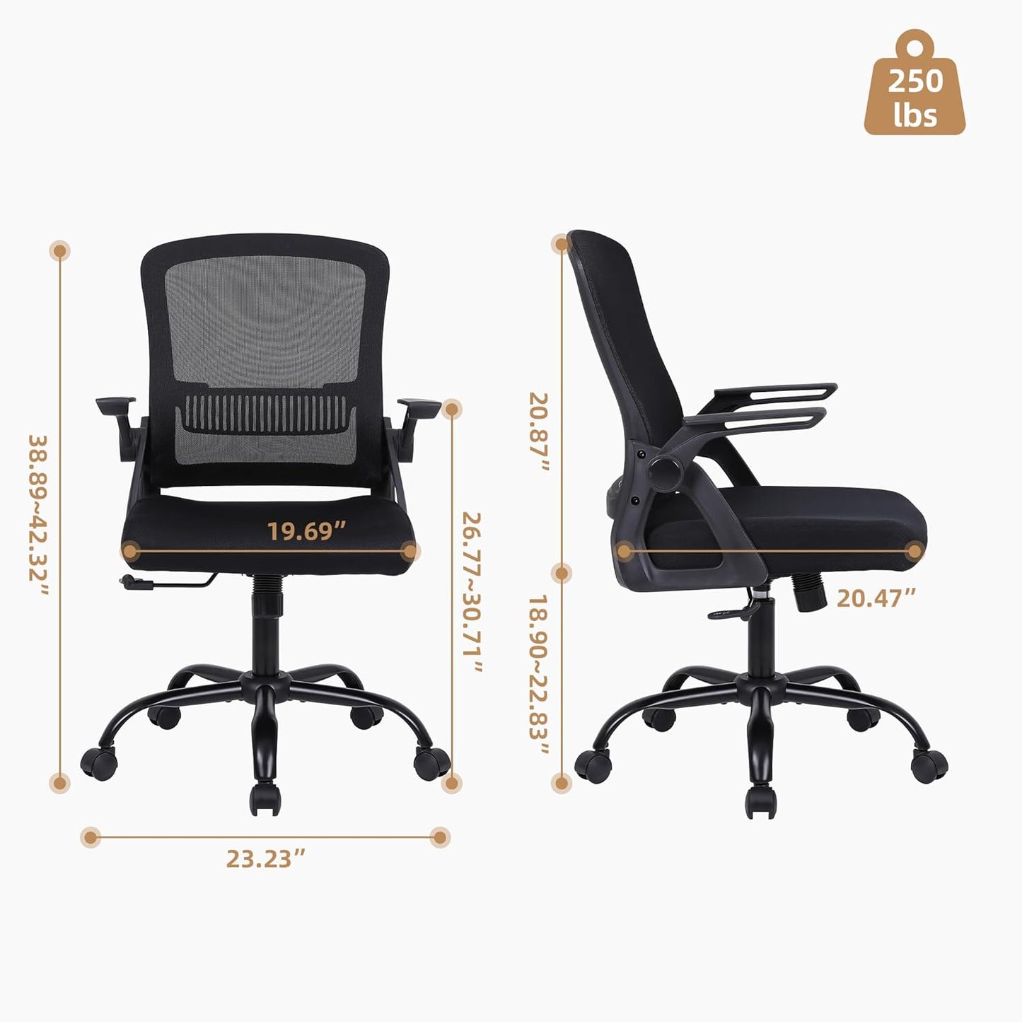 Office Chair, Ergonomic Desk Chair with Lumbar Support, Breathable Mesh Chair with Flip-up Armrests and Mid Back, Comfy Task Computer Height Adjustable Swivel Chair (1, Black)