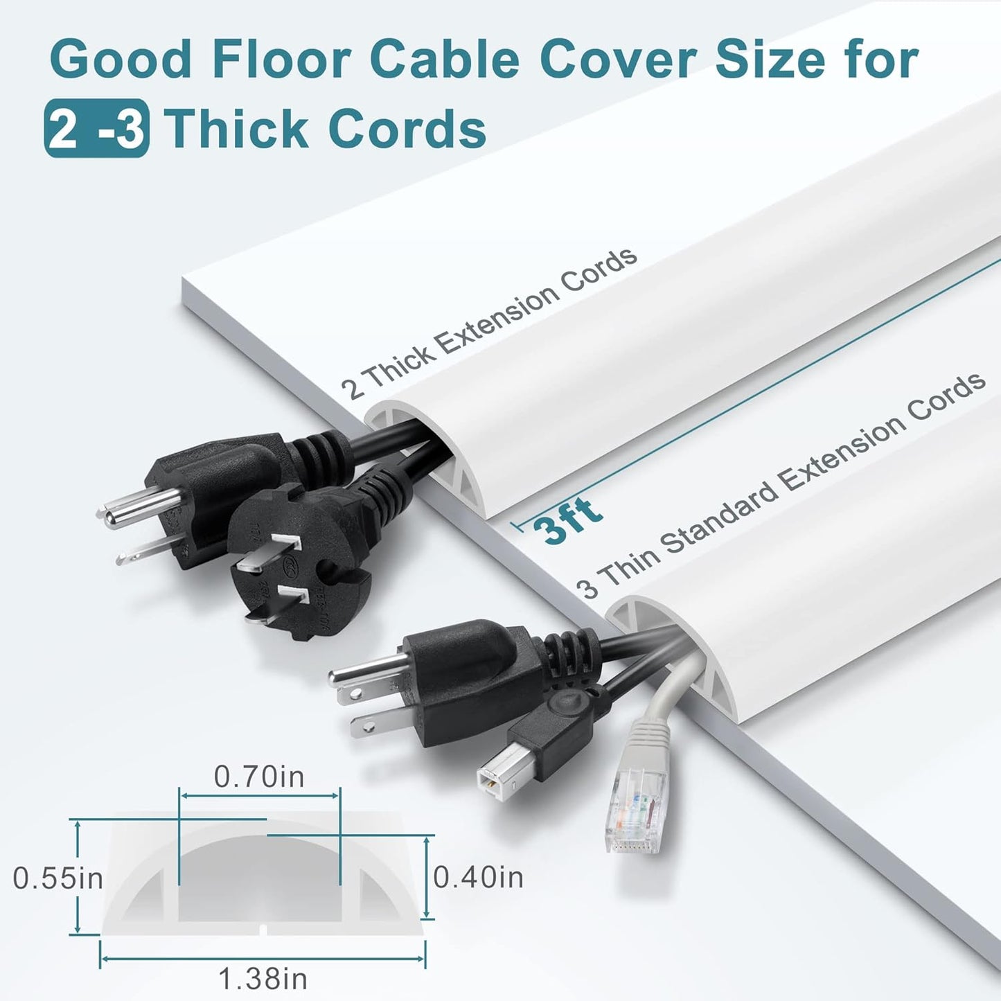 Cord Hider Floor - 3FT White Cord Cover, Soft PVC Wire Covers - Hides Cords - 0.7" W x 0.4" H