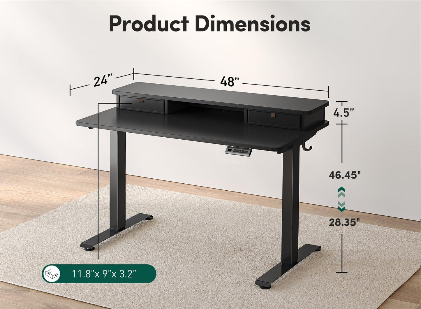 FEZIBO 48 x 24 Inch Height Adjustable Electric Standing Desk with Double Drawer, Computer Desk, Home Office Stand Up Table with 4 Height-Adjustable Feets & 2 Hooks, Black