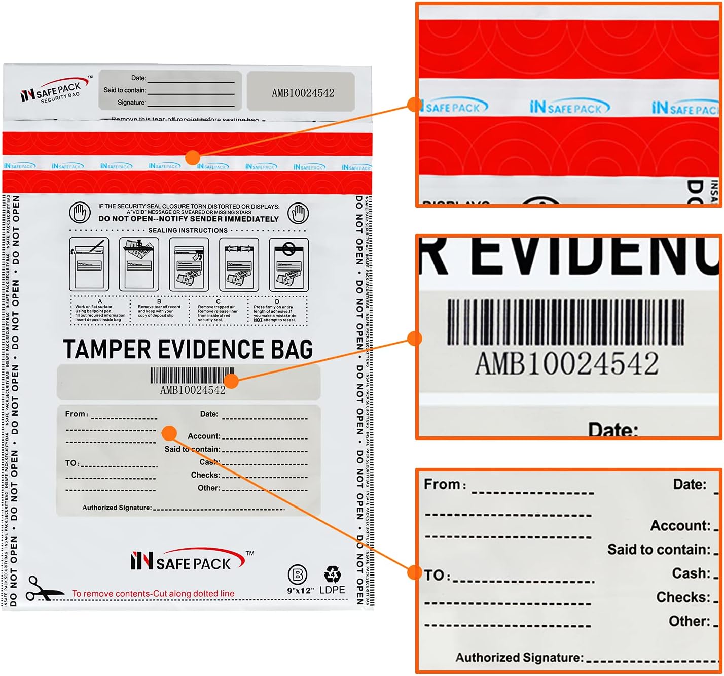 INSAFEPACK 100PCS 12"x16" Bank Deposit Bags - 100% Recyclable Tamper Evident Bags - Self Adhesion Security Bank Pocket