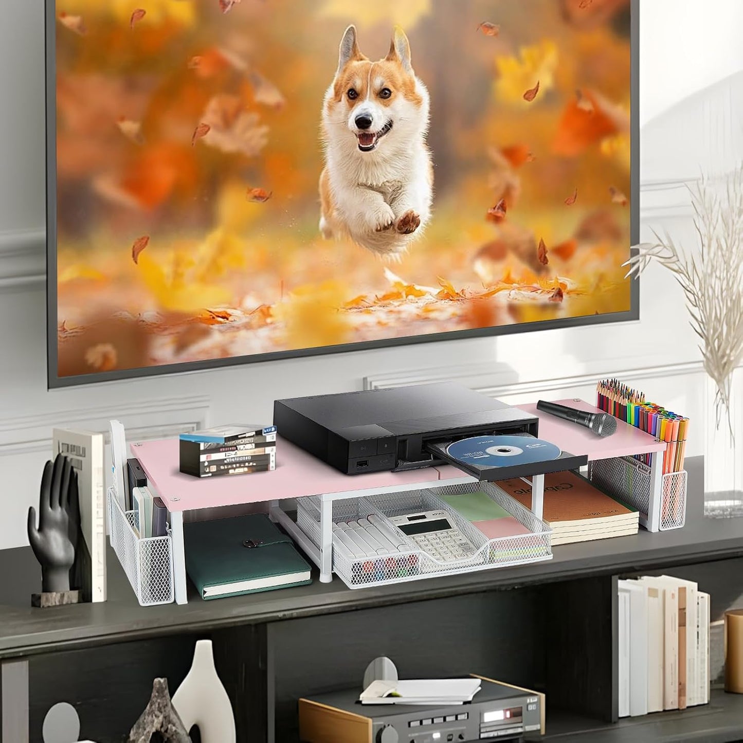 Desk Dual Monitor Stand Riser - Desk Organizer with Drawer and Pen Holders, Office Desk Accessories & Workspace Organization, Computer Monitor Stand for Laptop, Printer(Pink＆ White)