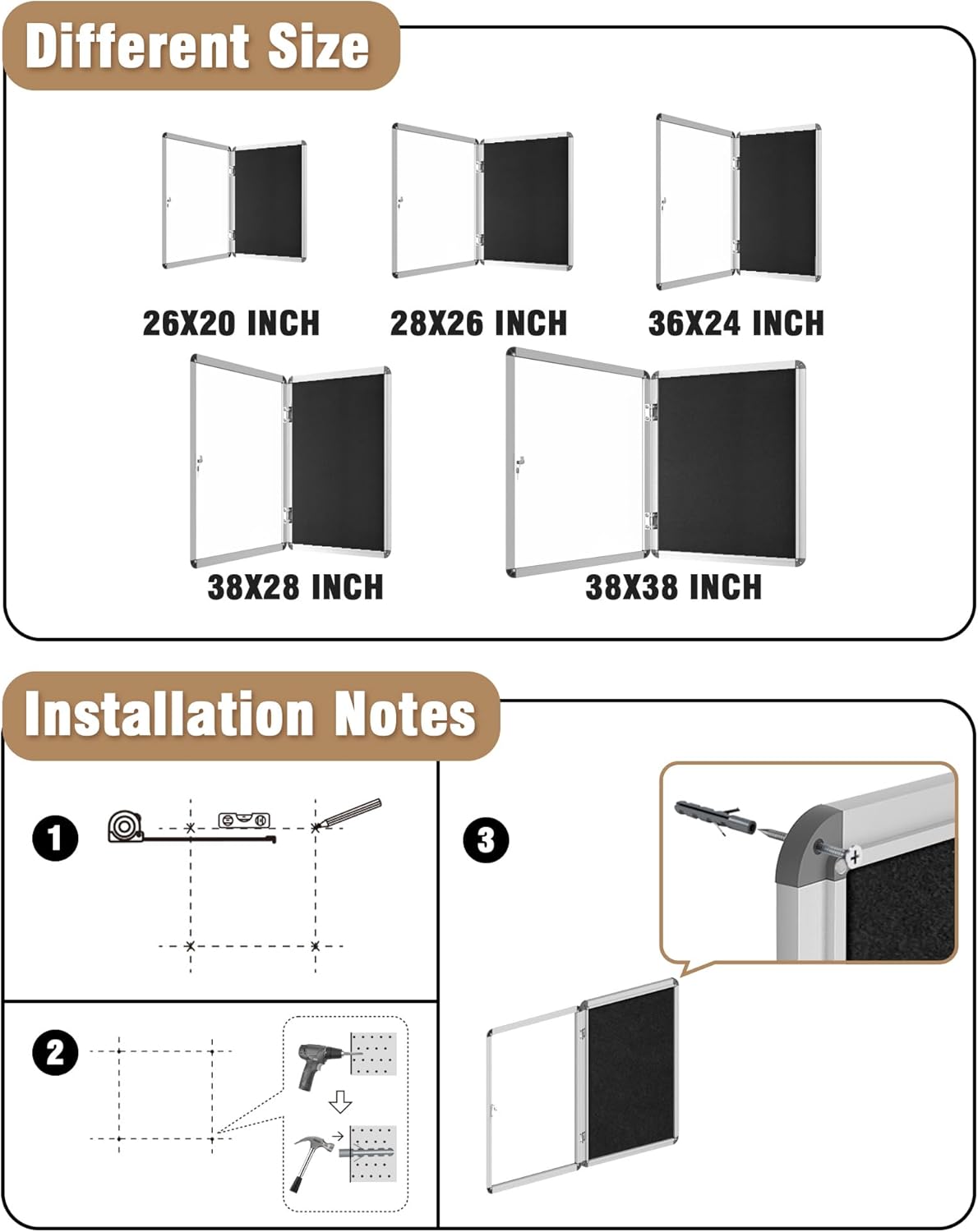 36"x24" Enclosed Bulletin Board, Lockable Weather-Resistant Aluminum Cork Noticeboard for School & Office, Silver Frame w/Black Flet