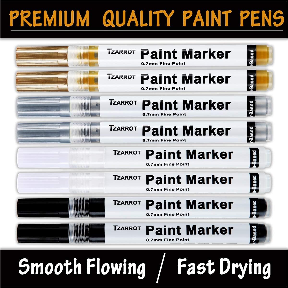 TZARROT White Paint Pen, 8 Pack 0.7mm Acrylic Paint Pens with 2 White 2 Black 2 Gold 2 Silver Permanent Marker for Wood Rock Fabric Metal Plastic Ceramic Acrylic Markers Extra Fine Tip
