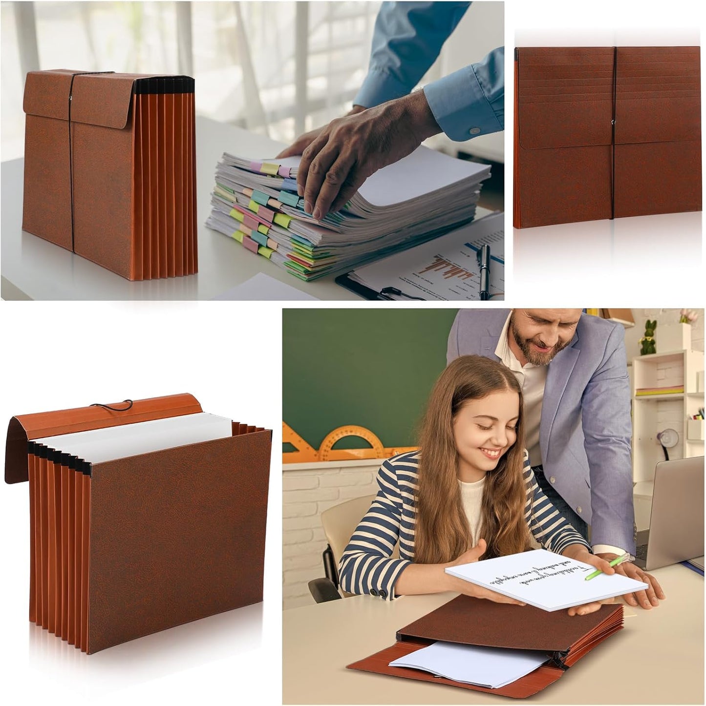 PerKoop 1 Pcs Expanding File Folder with Flap 7 Inch Expansion Expanding File Wallet with Elastic Cord Closure Letter Size Heavy Duty Document Organizer, 10 Slots, Brown