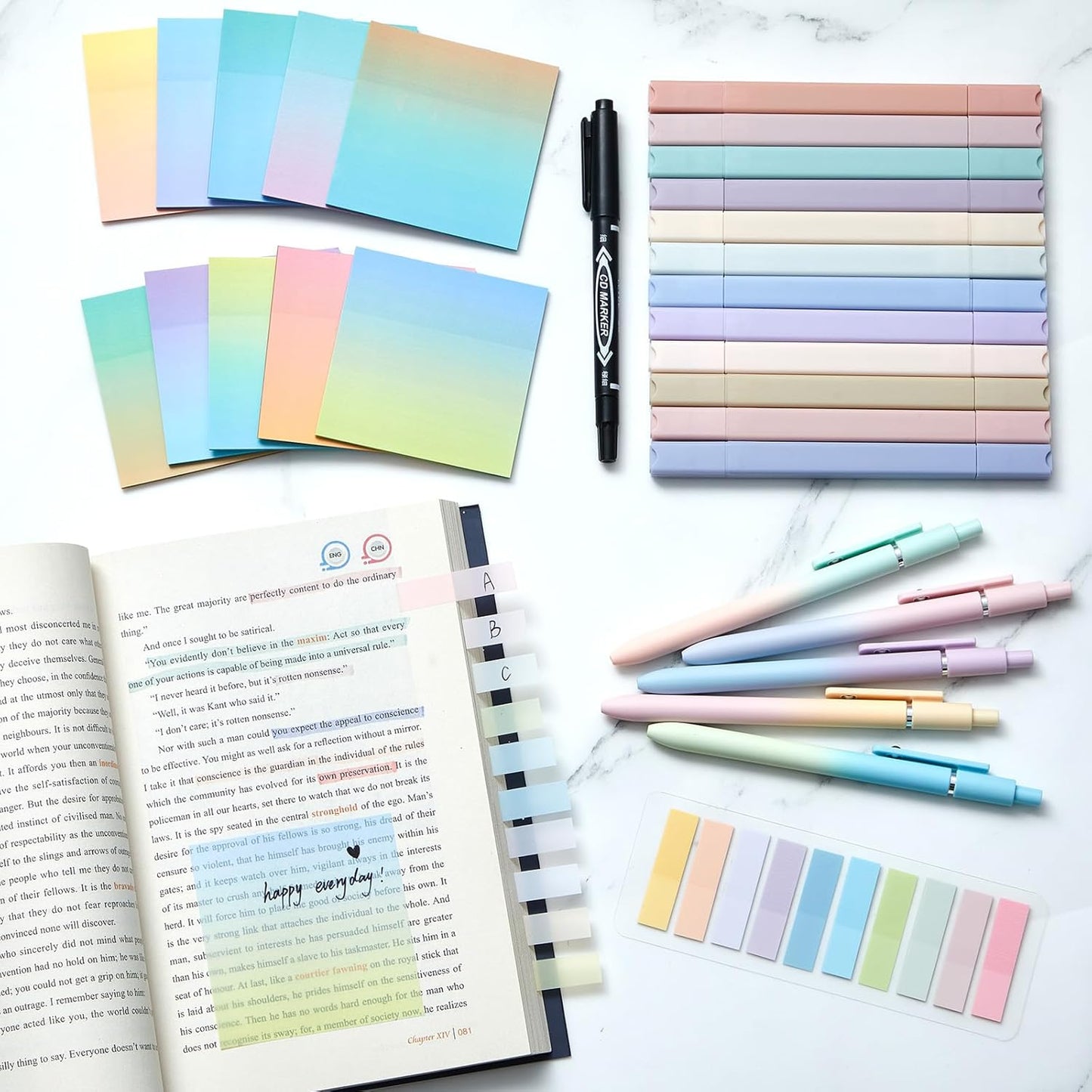 Jutom 38 Pcs Book Annotation Kit Aesthetic Highlighters Gel Pens Set Sticky Notes Tabs Markers Dual Ended Highlighter Quick Dry Ink Pens for Office Annotating Books(Gradient Color,Square)