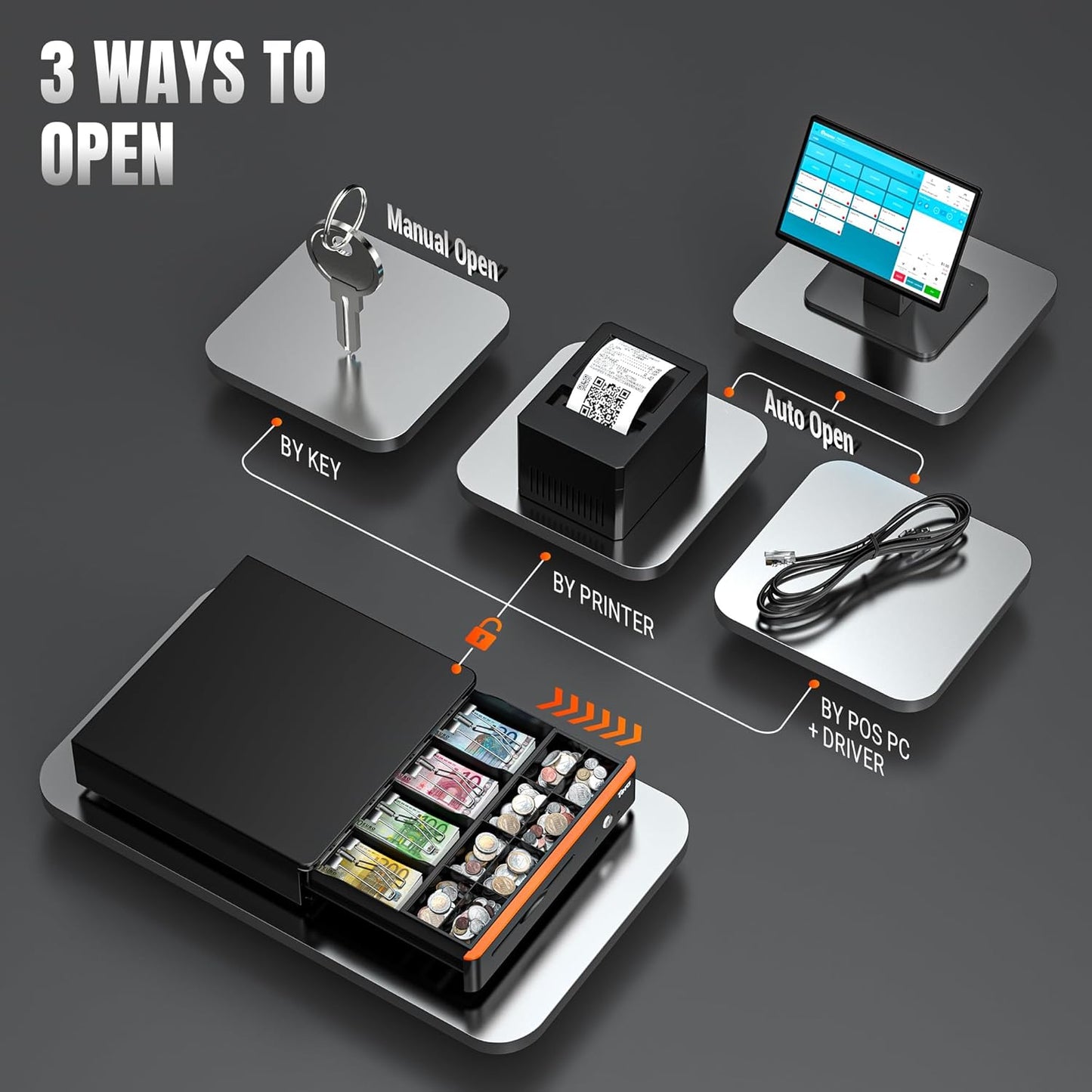 Tera 16" Heavy Duty Cash Drawer Auto Open Insert Tray 5 Bill 8 Coin for Point of Sale (POS) System Removable Cash Tray Media Slot 24V RJ12 Key-Lock with Round Corner for Business Retail 405R Black