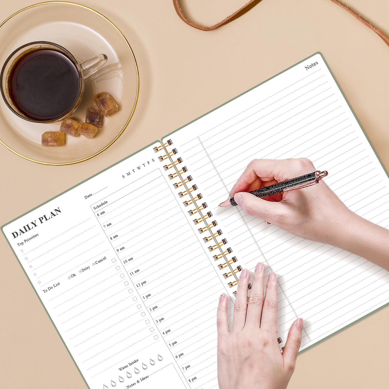 Daily Planner Undated - B5 To Do List Notebook Hourly Schedules, Spiral Appointment Planner for Women and Men, PVC Hardcover, Inner Pocket, Elastic Closure, 7" x 10", Green