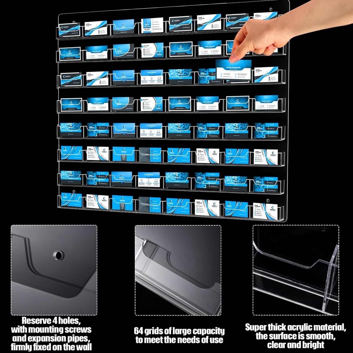 Hillban Acrylic Business Card Holder Wall Mount Clear Sticker Display Rack Multiple Card Holders Clear Acrylic Organizing Sticker Display Stand Pre Drilled(64 Pockets)