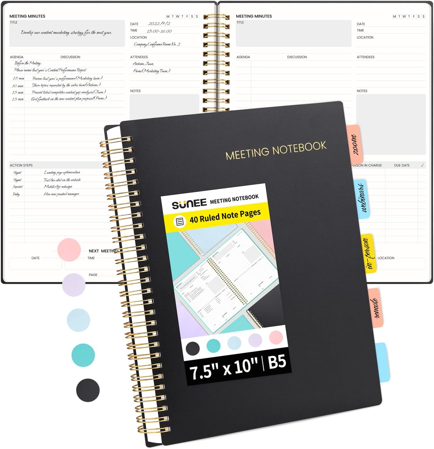 SUNEE Meeting Notebook for Work with Sticky Tabs - 160 Pages, B5 Size Project Planner, Spiral Meeting Agenda/Minutes Notebook Organizer for Women Men, Note Taking, Office & Business, 7"x10", Black
