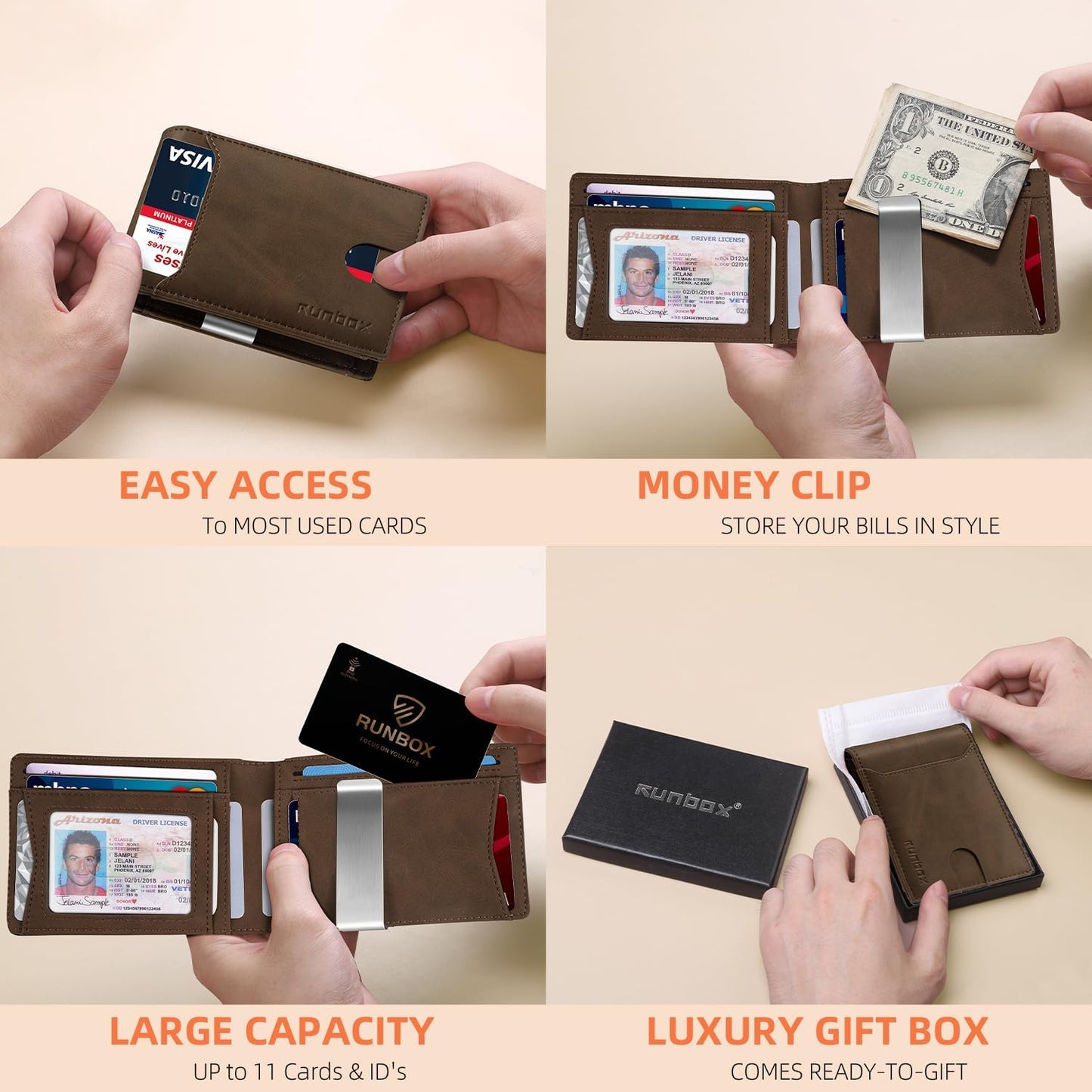 RUNBOX Slim Wallets for Men - Leather Money Clip Mens Wallet - RFID Blocking Front Pocket Bifold Wallet - Thin Credit Card Holder with Gift Box