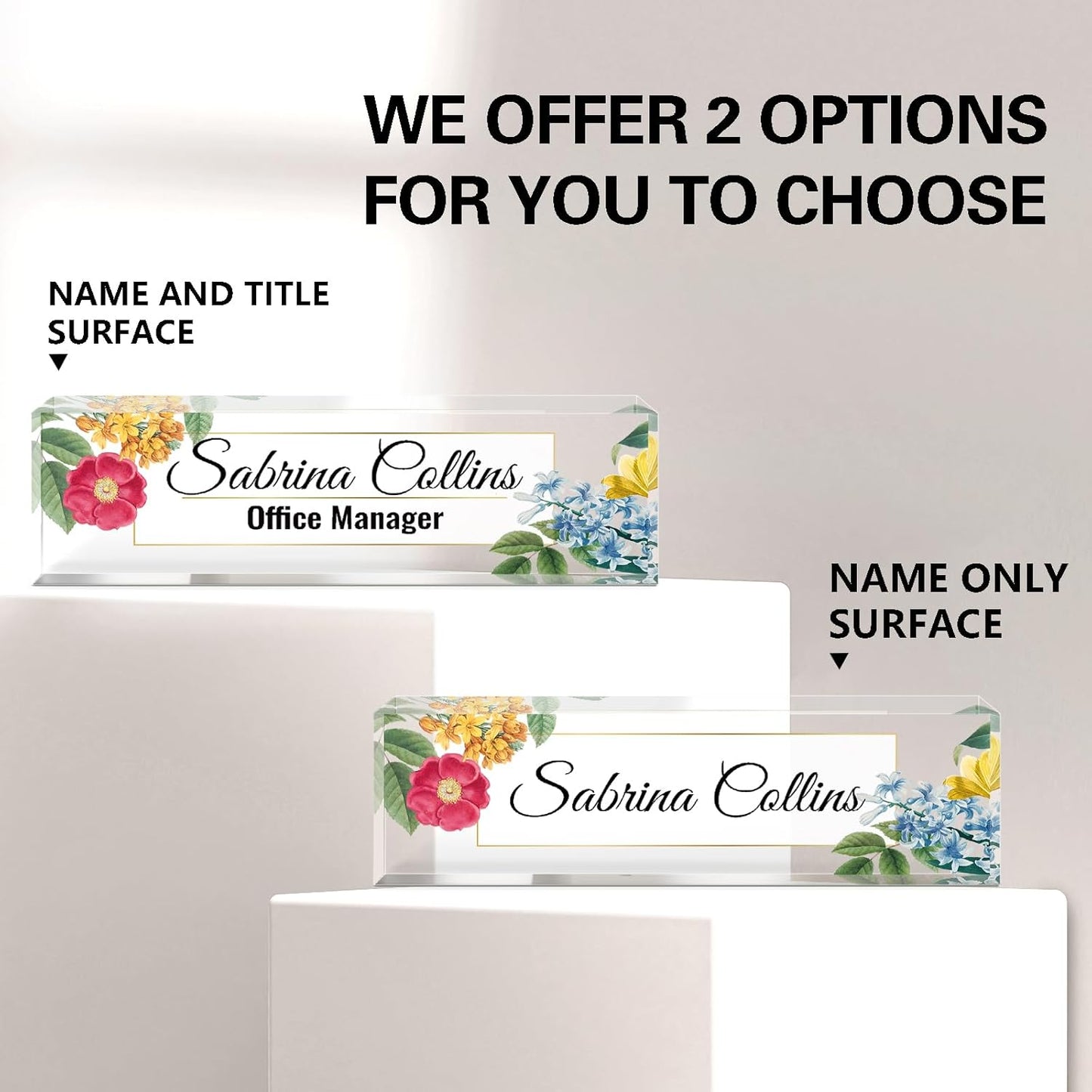 Name Plate for Desk, Desk Name Plate Personalized, Blue Office Decor for Women Men, Acrylic Desktop Accessories, Office Gifts for Boss Nurse Teacher Coworker, Employee Appreciation Gift (Flowers B)