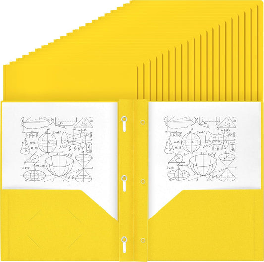 Lincia 100 Pcs Plastic Folders with 2 Pockets and Prongs for Office, School, Students, Teachers, Office Workers (Yellow)