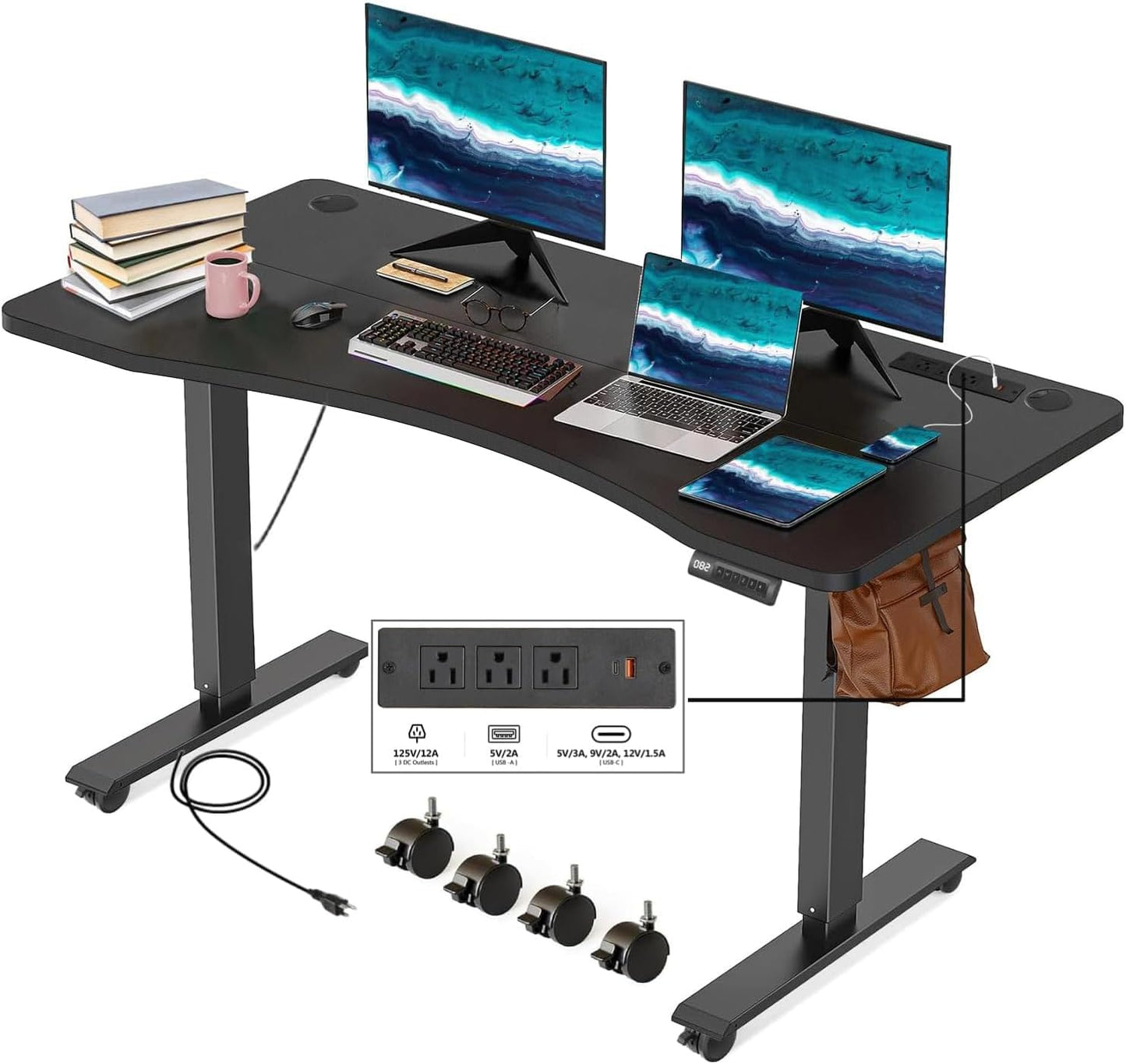 Curved Electric Standing Desk 48 x 24 Inches Adjustable Height Ergonomic Sit Stand Up Desk for Home Office Computer Workstation with 2 USB Ports 3 Power Outlets Memory Preset Wheels, Black