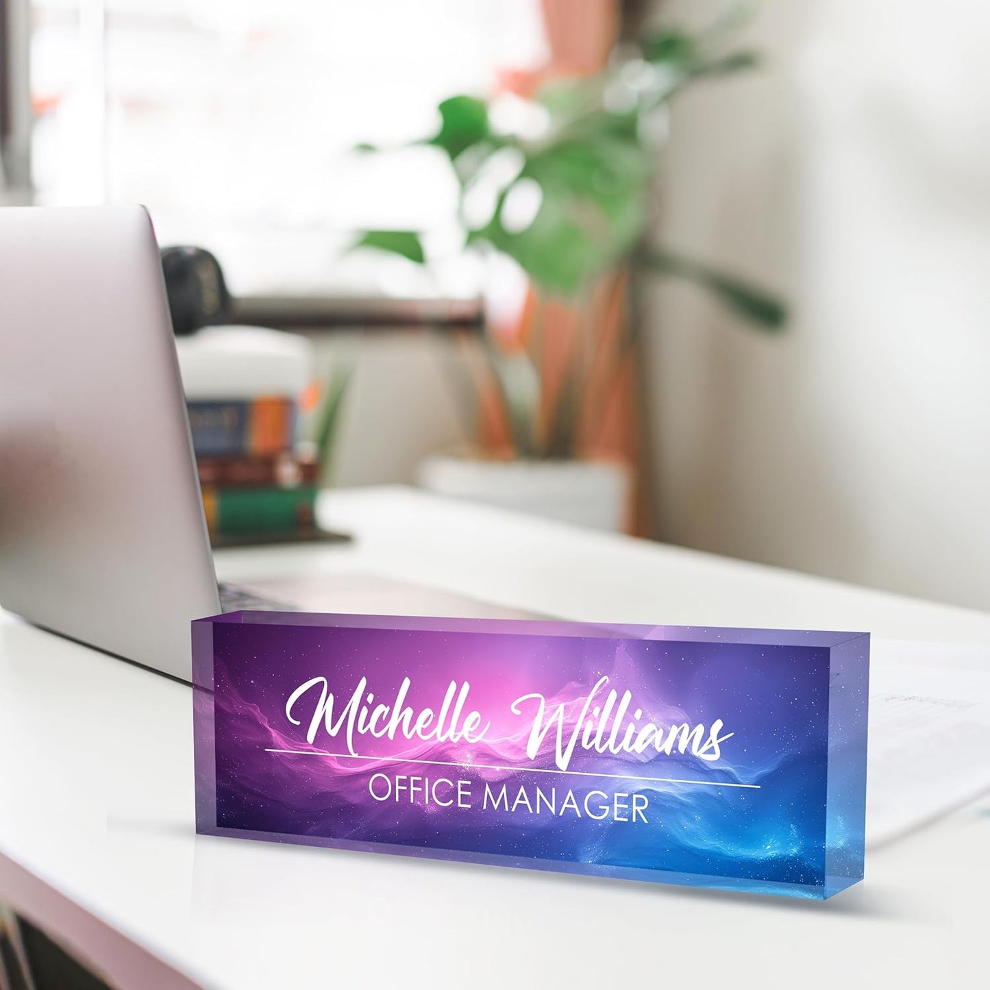 Personalized Name Plate for Desks, Custom Desk Name Plates, Acrylic Name Plate Office Desk Accessories, Personalized Office Gifts for Coworkers Teachers, Employee Appreciation Gifts (Purple Nebula)