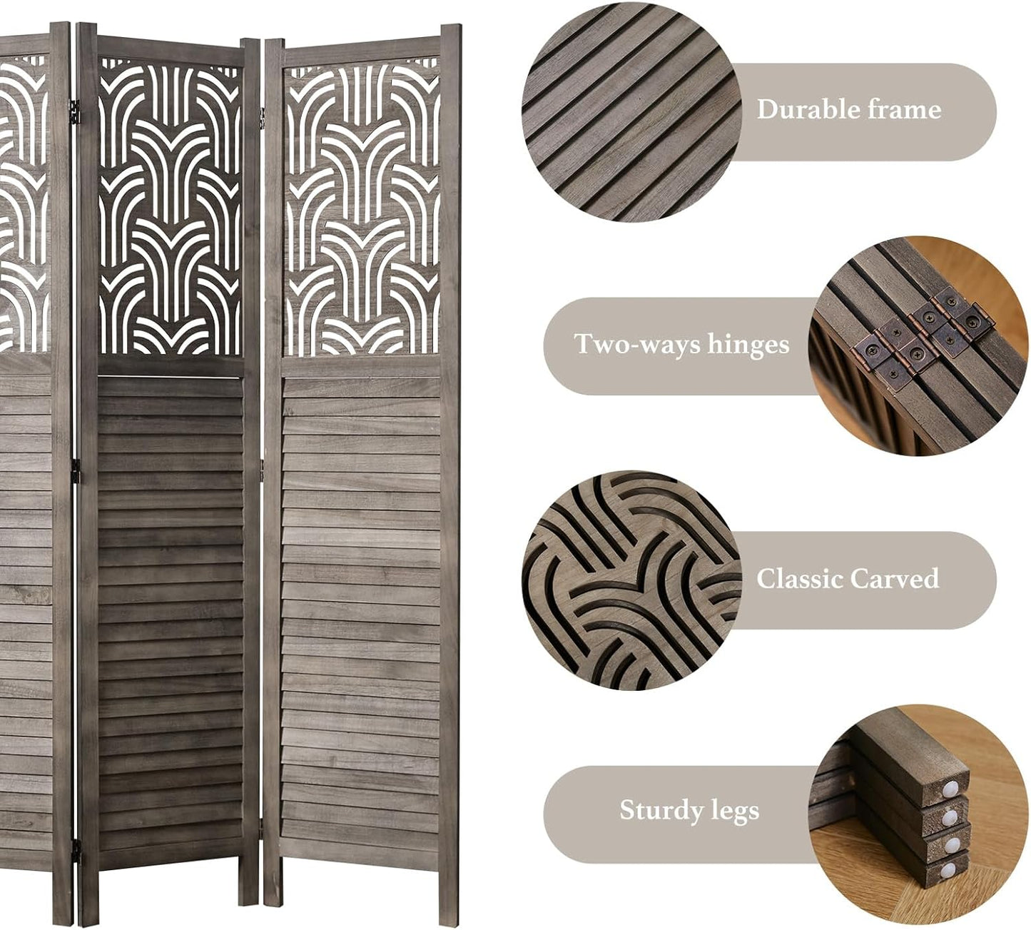 Folding Room Divider, 66.9 Inch 4 Panels Wood Carved Privacy Screens, Free Assembled Freestanding Portable Separation Wall for Home Office Restaurant Bedroom (Gray)