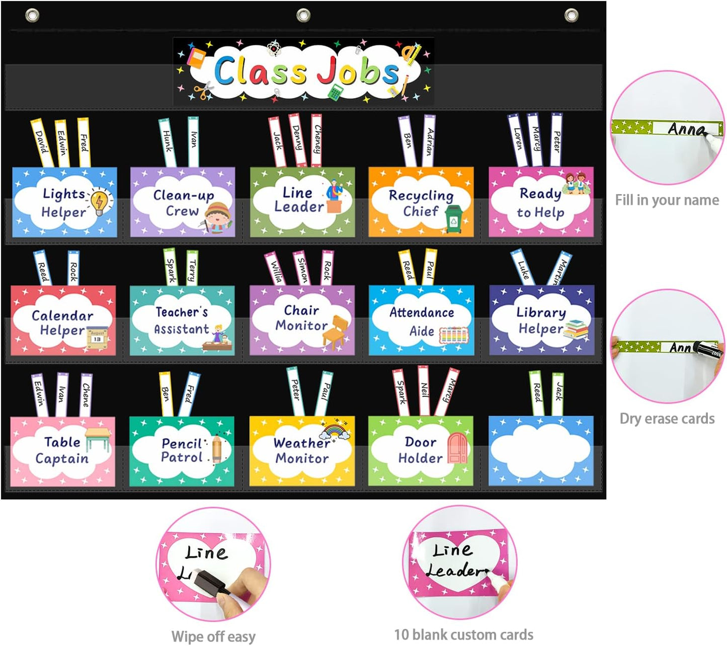 REGELETO Class Jobs Pocket Chart with 70 Colorful Dry Erase Cards and 3 Hooks,Class Management Educational Pocket Chart Teacher's Helper Size: 24.5”x21.8”inch Bulletin Board for Classroom (Black)