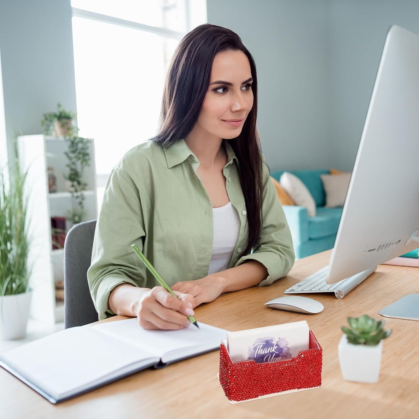 PATIKIL Rhinestone Business Card Holder, Crystal Business Card Holders Bling Business Card Organizer Display Stand for Desktop Desk Office Exhibition, Red