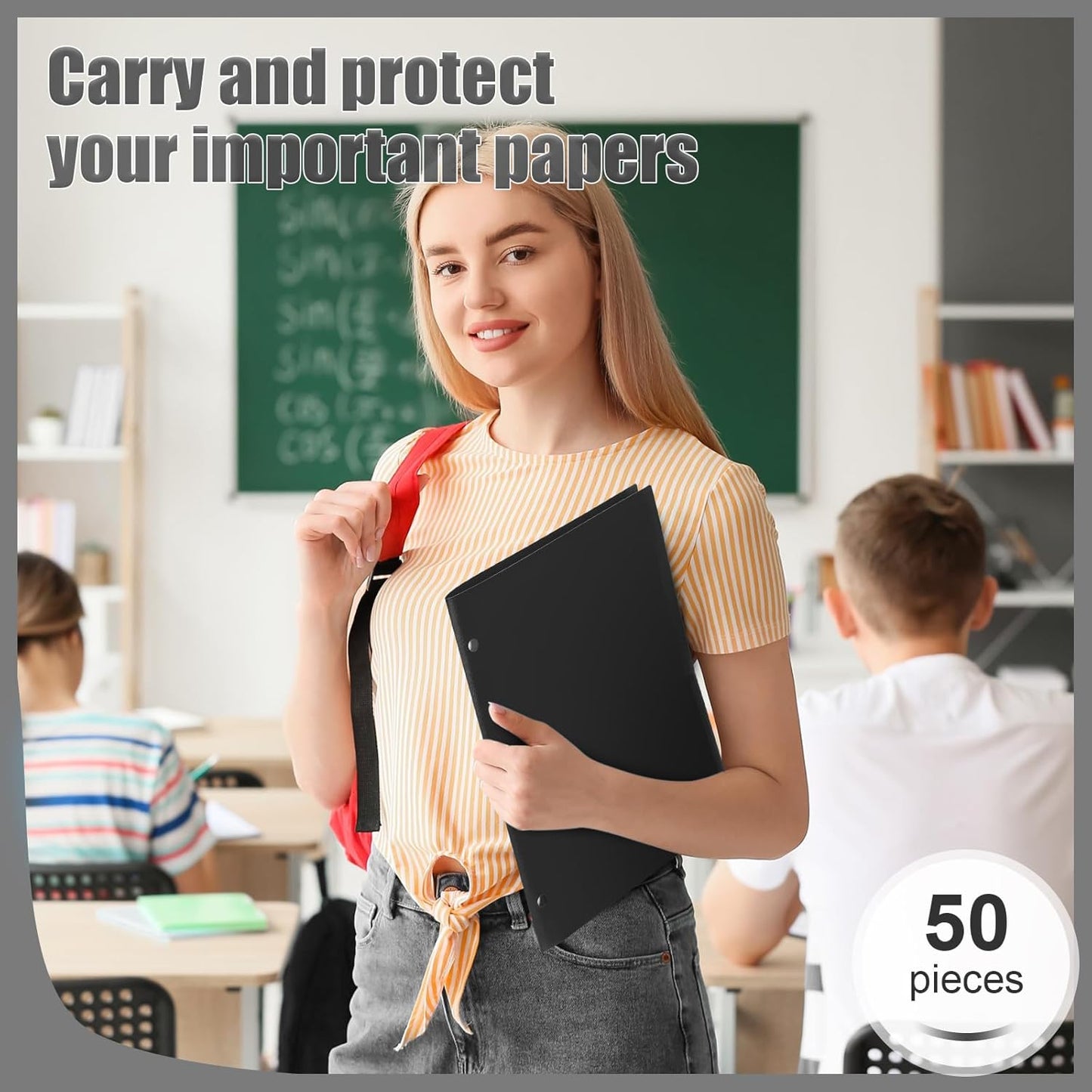 Yeaqee 50 Pcs Plastic Folders with Pockets Bulk 3 Hole Punched 2 Pocket File Folders for 3 Ring Binder Divider Folder for Notebooks, Durable Poly for Office Home (Black)