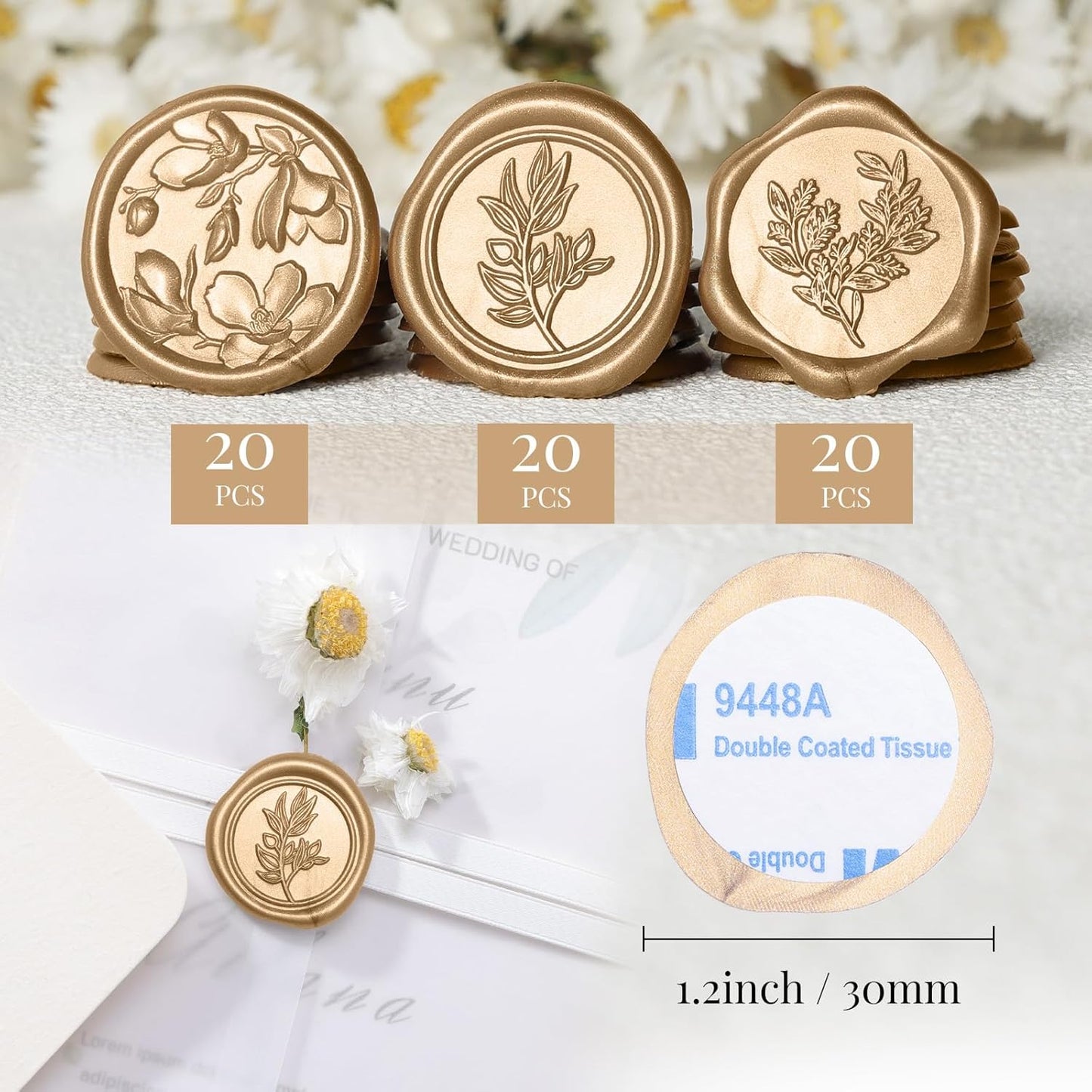 UNIQOOO Wax Seal Stickers - (3 Designs in 1 Pack) Wedding Invitation Envelope Seal Stickers, 60 Pcs Self-Adhesive Stickers, Perfect for Invitation, Christmas, Gift Wrapping (Light Gold)