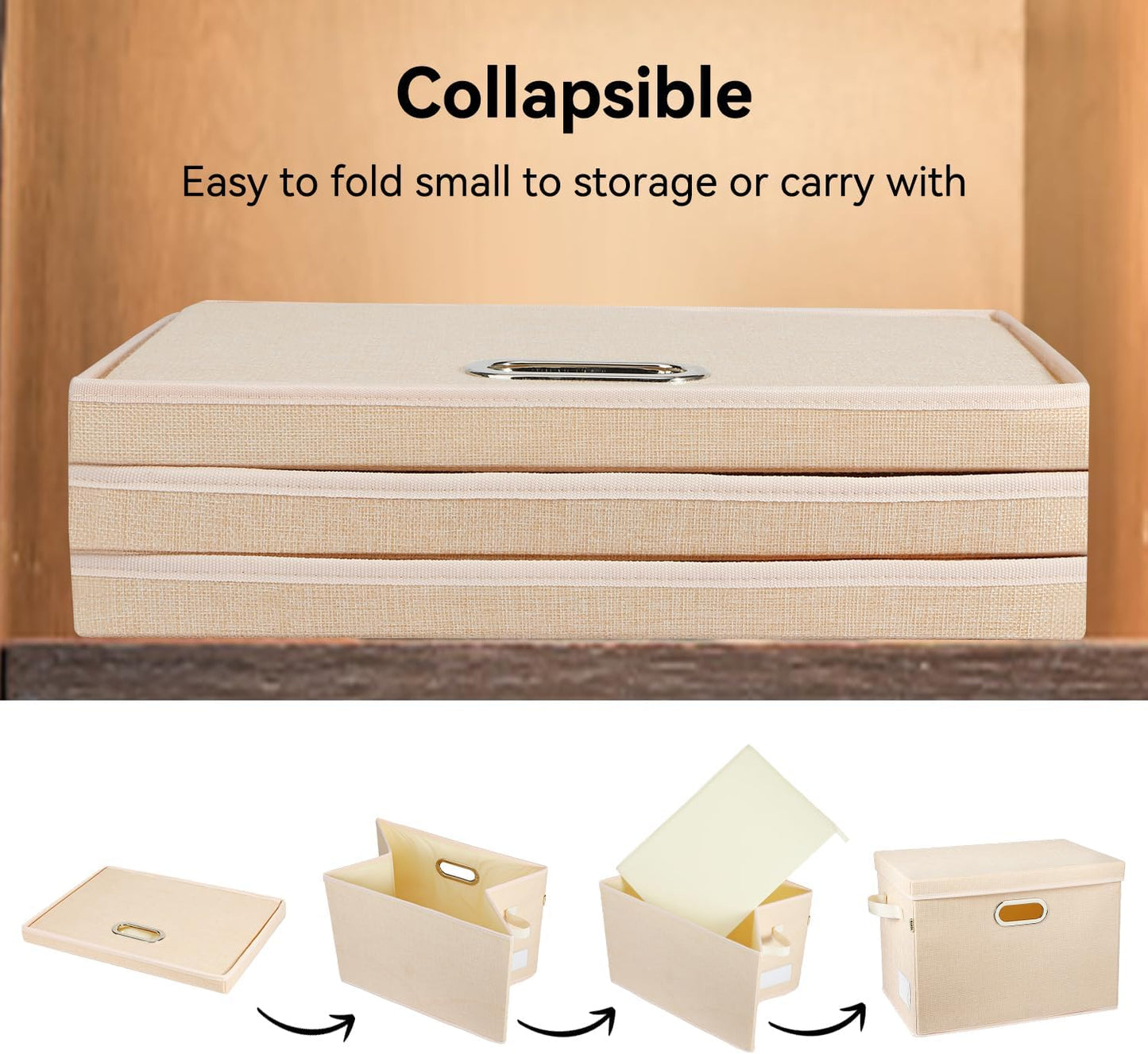 Voova Large Collapsible Storage Bins with Lids, 3 Pack Stackable Line Fabric Cube Storage Organizer, Foldable Closet Storage Boxes Baskets Containers with Cover for Clothes Bedroom Office Home,Apricot