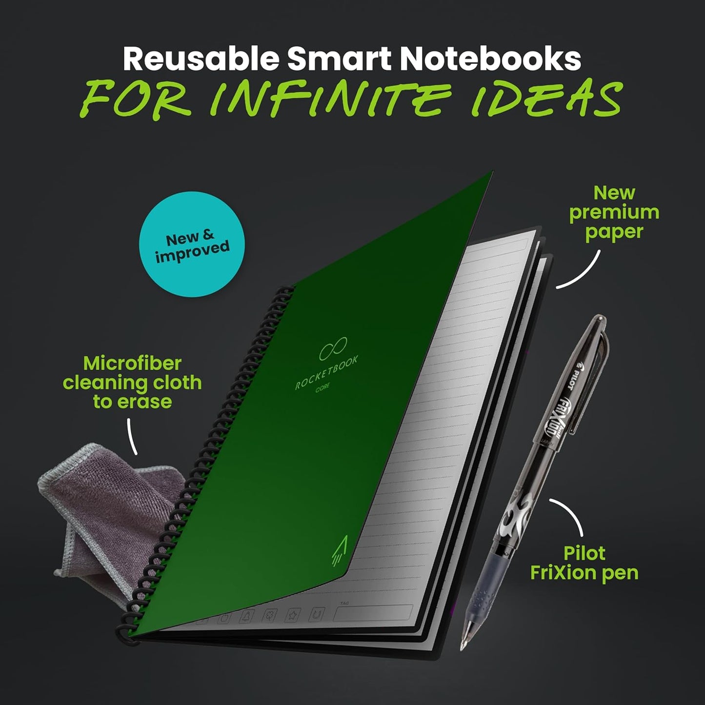 Rocketbook New Core Reusable Spiral Notebook, Letter Size 8.5x11, Green - Lined Pages, App-Connected, Erasable, Durable Cover, Ideal for School, Work, and Creative Projects
