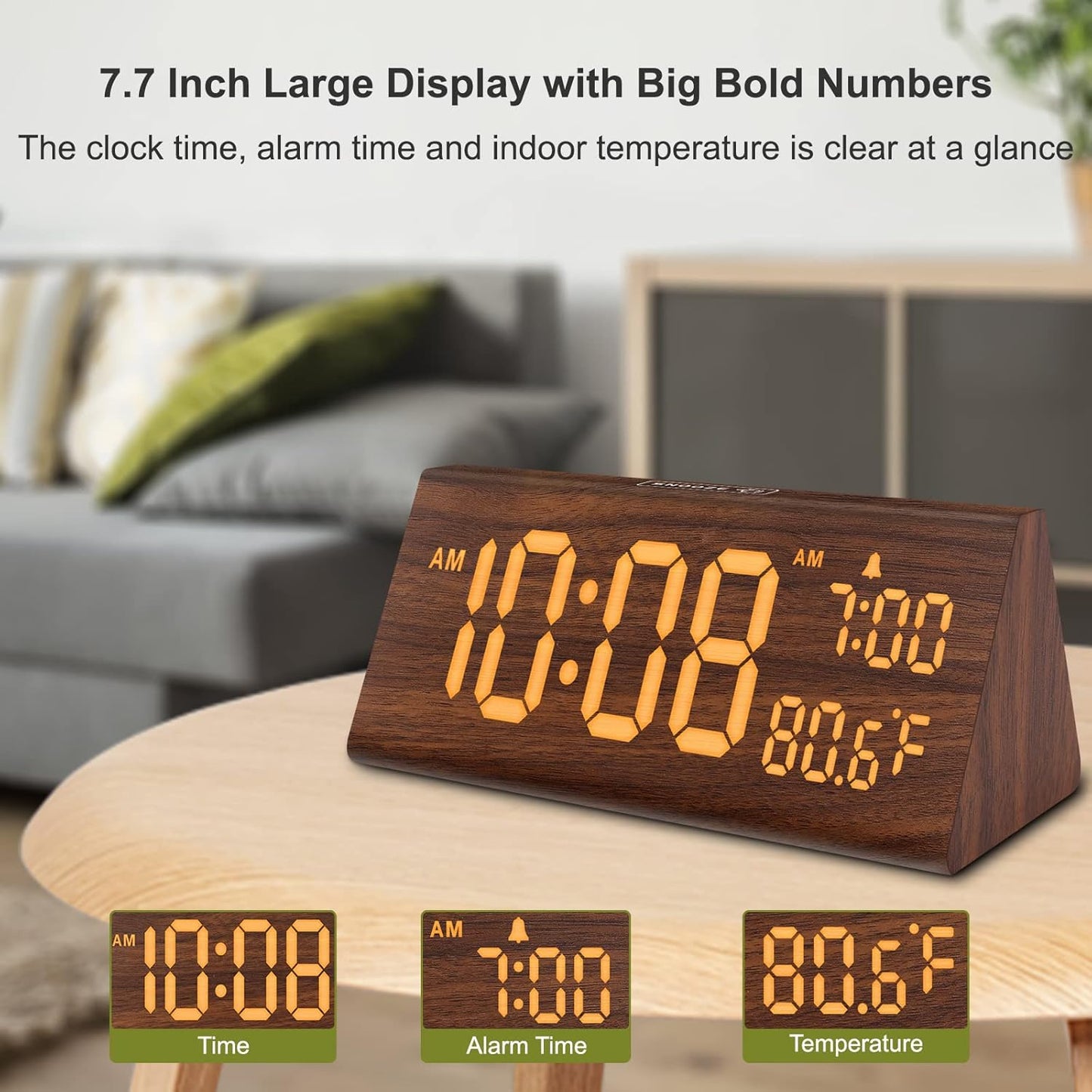 DreamSky Wooden Digital Alarm Clock for Bedroom - 7.7" Electric Clocks with USB Port, Large Numbers, Temperature, 0-100% Brightness Dimmer, Adjustable Alarm Volume, Snooze, 12/24H