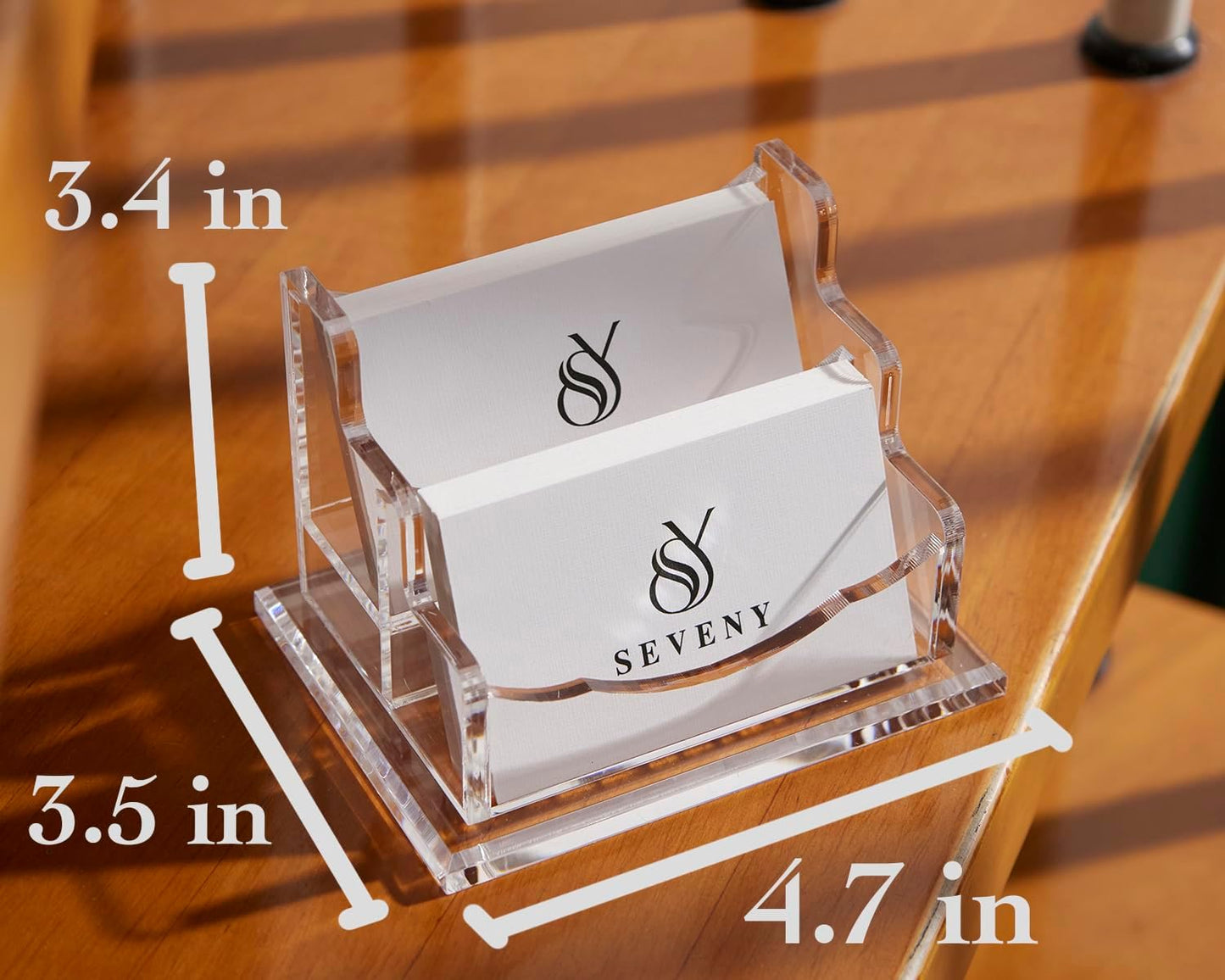 SEVENY Business Card Holder, Clear Acrylic Cards Organizer Stand for Men and Women, Business Cards Case Rack 1 Pack, Holds 120 Cards-2 Slot