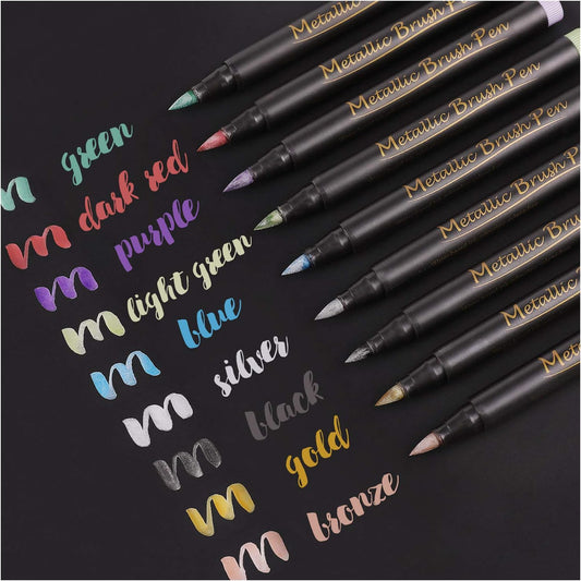 Dyvicl Metallic Brush Marker Pens - Metallic Pens Art Markers for Calligraphy, Brush Lettering, Black Paper, Rock Painting, Card Making, Scrapbooking, Fabric, Metal, Ceramic, Wine Glass, Set of 9